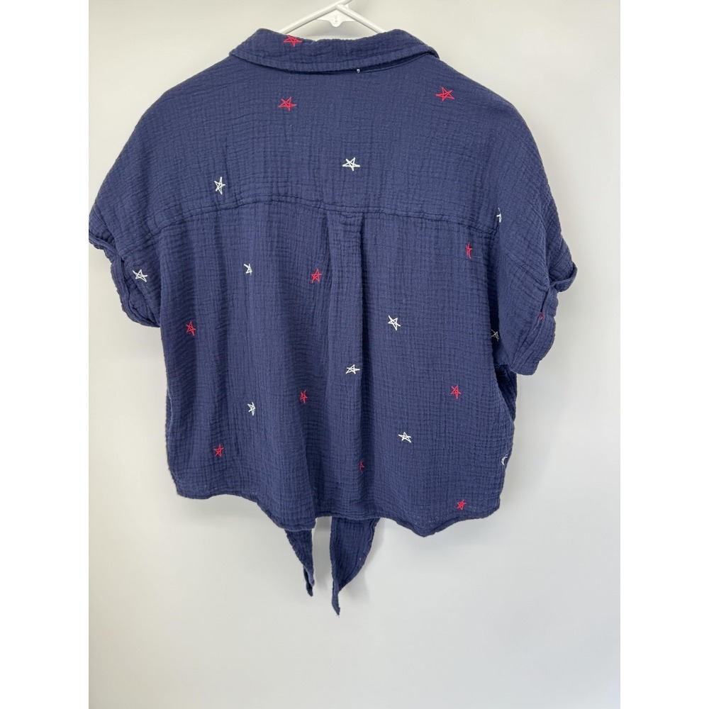 Beachlunchlounge Button Up Shirt Womens Large Blue Star Embroidered Tie Cropped - Picture 4 of 5